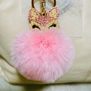 Bag Charm or Key Chain Pink Rhinestone and Pearl Fox with Pom Pom, NWOT